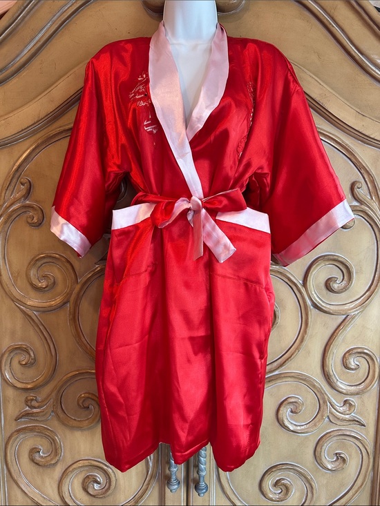 Mimi Other - Satin Reversible Pink Kimono Robe with Red Trim and embroidered designs